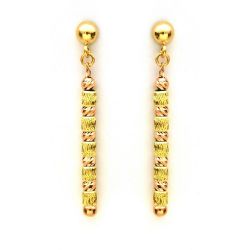 18K Solid Yellow Gold Diamond Cut Cylinder Ball Drop Earrings