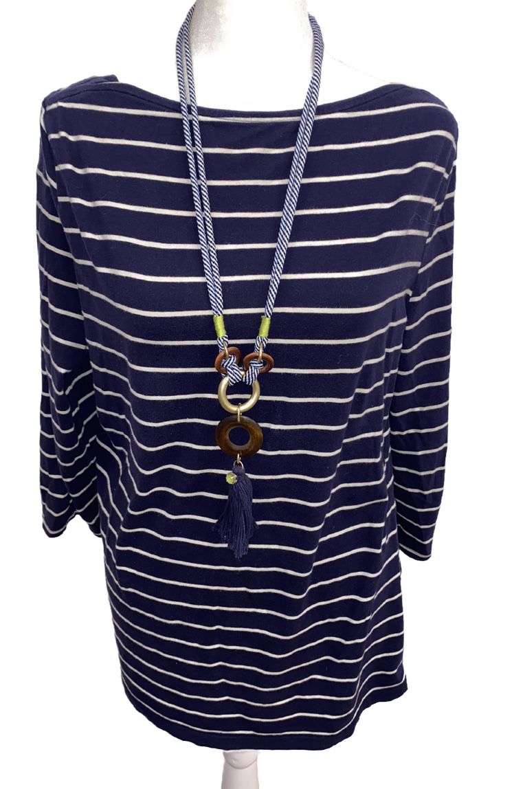Nautical Navy/White Striped Tassel Statement Necklace With Lime Green Detail
