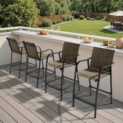 (4-Pack) Metal Outdoor Bar Stool Patio Bar Chairs, Footrest and Breathable Textilene Seat  in Earth with Armrests
