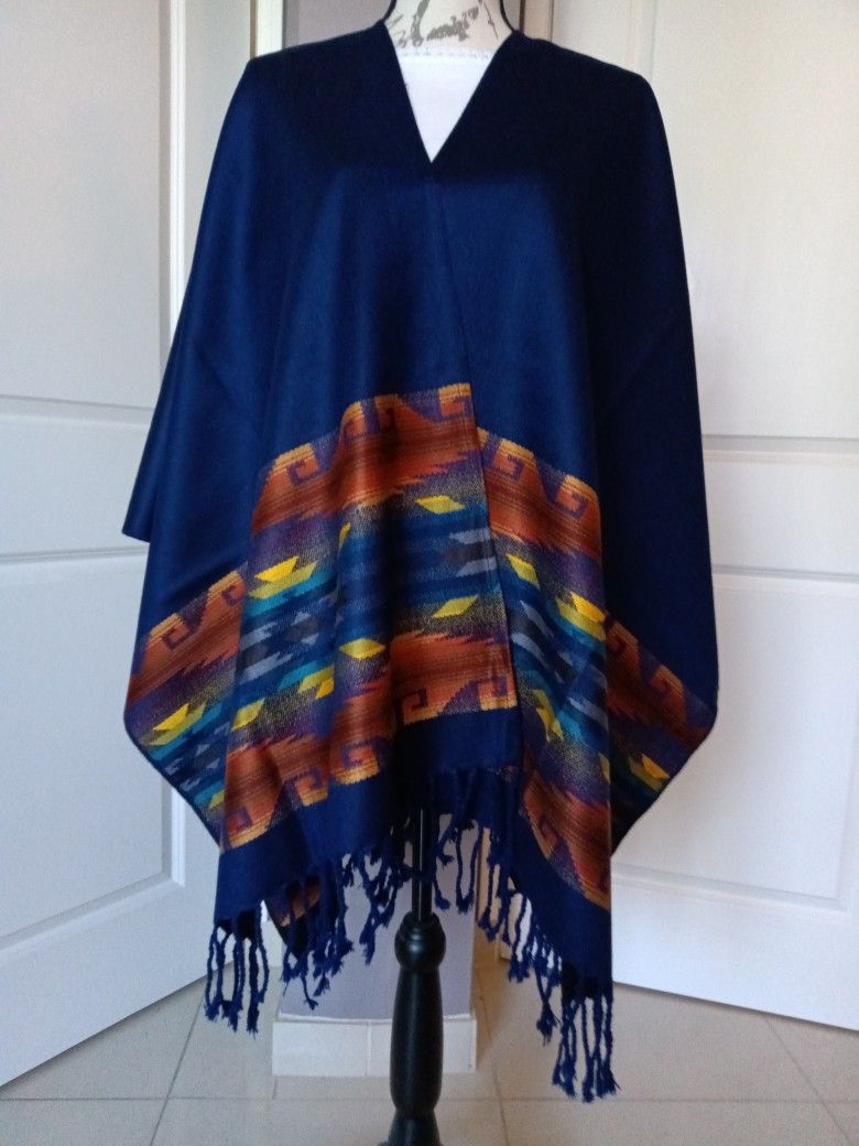 Artisanal Unisex Poncho,  Reversible Dark Blue, Black, Handmade In Ecuador 