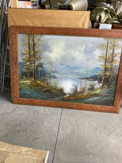 Framed painting (mountain/lake). 40” wide by 29” high.
