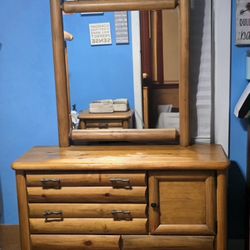 Rustic Log Dresser, Mirror, Metal tree branch handles.