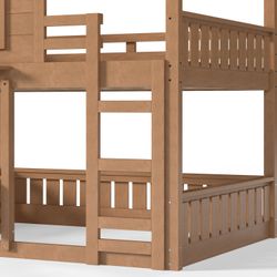 Full Size Bunk Bed/Loft Bed with Bookshelf, House Design, High-Quality Safety Fencing, Natural