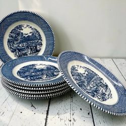 Currier & Ives Harvest Blue Royal China USA Bread & Butter Plates Set 6 Vintage