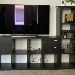 Entertainment Center Wooden Black Color. Multiple Cubbies And Drawers.