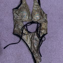 New Medium gold swimsuit bodysuit metallic festival rave outfit onepiece top