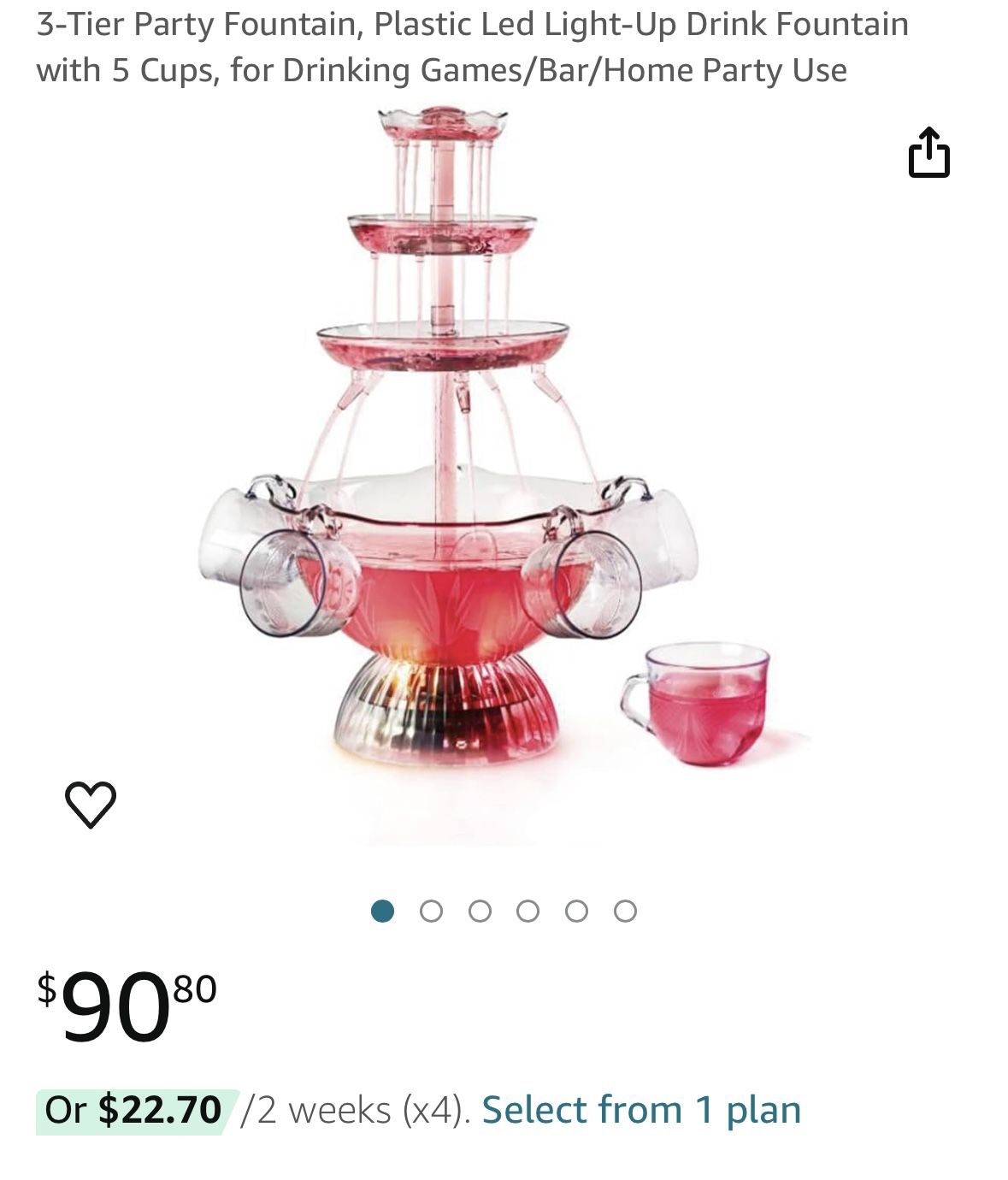 BRAND NEW 3-Tier Party Fountain, Plastic Led Light-Up Drink Fountain with 5 Cups, for Drinking Games/Bar/Home Party Use