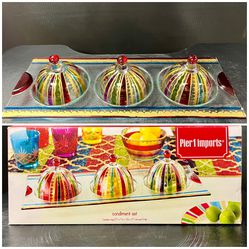 Pier 1 Imports Glass 4 Piece Condiment Set. Tray with 3 bowls and 3 Lids. Discontinued