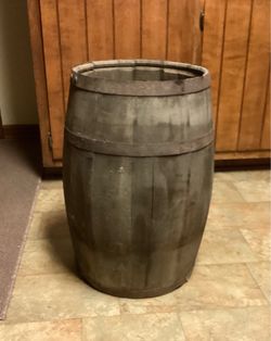 ANTIQUE WOODEN BARREL 23” TALL WITH TOP OPENING DIAMETER OF  13 3/4”