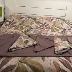 Leafy Geeen Queen Size Bed Sheet With Purple Covers And 4 Pillow Sheets