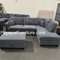 New! 106” Plush Sectional Sofa With USB Ports, Cordoroy Couch, Grey Sofa, Grey Sectional, Grey Couch, Light Grey Sofa Couch And Storage Ottoman, Couch