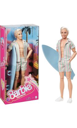 “Barbie The Movie” collectible Ken Doll Wearing Pastel Pink and Green Striped Beach Matching Set with Surfboard and White Sneakers