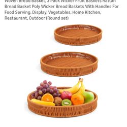 Woven Bread Basket, 3 Pack Wicker Fruit Baskets Rattan Bread Basket Poly Wicker Bread Baskets With Handles For Food Serving, Display, Vegetables, Home
