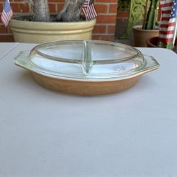 Vintage, Pyrex Early American Oval Divided Casserole With Lid And Original Pyrex Adjustable Cradle