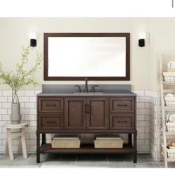 Home Decorators Collection Alster 46 in. W x 30 in. H Rectangular Wood Framed Wall Bathroom Vanity Mirror in Brown Oak @264