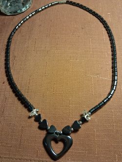Heart hematite pendant necklace w barrel clasp