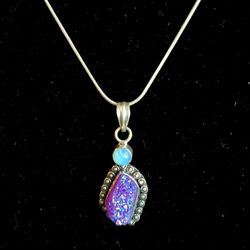 Beautiful Rainbow Moonstone Titanium Aura Quartz 925 Sterling Silver Necklace 