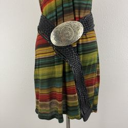 Vintage Black Leather Braided Silver Large Medallion Boho Engraved Morocco Belt