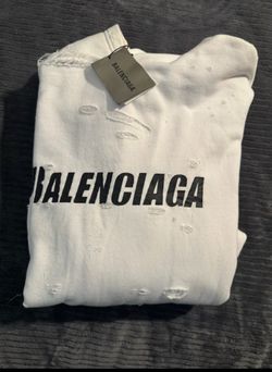 Balenciaga Unifit White Distressed Logo Fleece Pullover Hoodie Pockets M