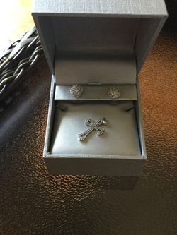 New 10k while gold diamond earrings and cross