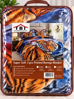 TBI Super Soft 3-Piece Borrego Winter Blanket Set – Warm Cozy Floral Bedding with 2 Pillowcases, King Size, Multiple Colors