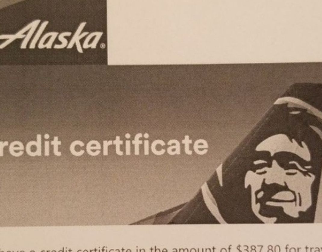 Alaskan Airlines Credit Certificate Airplane Travel