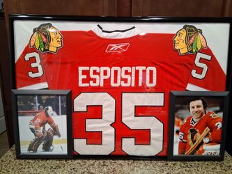 TONY ESPOSITO HALL OF FAMER WITH THE CHICAGO BLACK HAWKS ,STITCHED, JERSEY.