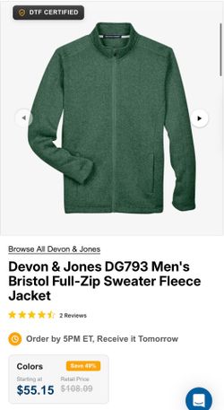 12 Brand new Devon & Jones full-zip sweater fleece jackets in Forest Heather green.