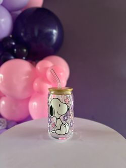 Snoopy Glass Can Tumbler with Bamboo Lid and Straw