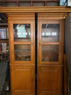 Oak Wood Display Cabinet with Glass Doors