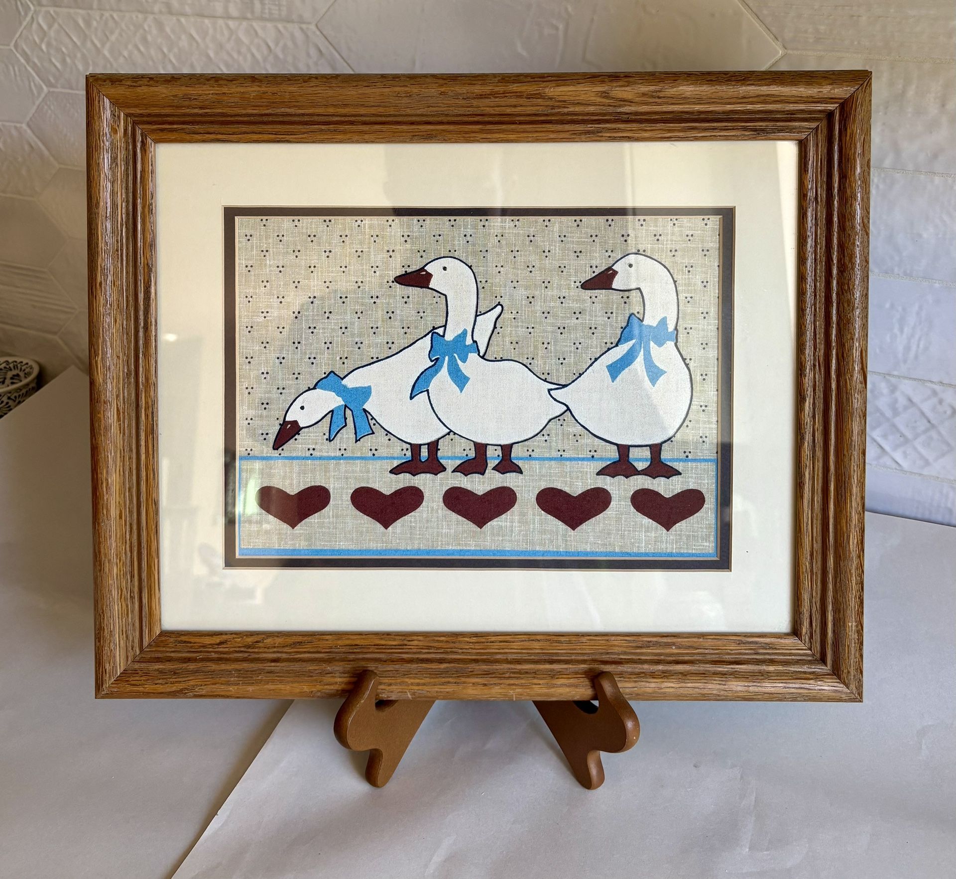 Vintage Wood Framed Country Kitchen Three Geese Cloth Print