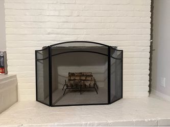3-Panel Fireplace Screen and Log Grate with Wood Logs