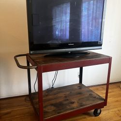 Vintage Industrial Metal and Wood Cart On Wheels