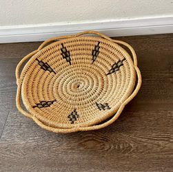 Handwoven Decorative Seagrass Tray Basket - Natural with Olive & Black Accents