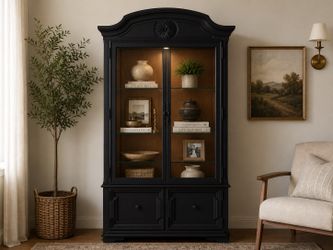 Thomasville Solid Wood Display Cabinet| Modern Black Curio Cabinet
