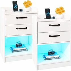 White Nightstand Set of 2 with Charging Station and LED Lights Modern Night Stands for Bedroom, End Table with USB Ports Living Room,  NEW