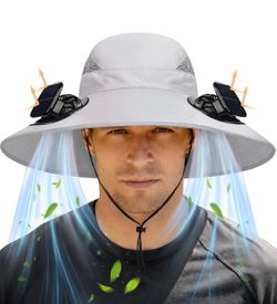 Solar Sun Hat light grey Wide Brim Cotton Hat w/Chin Strap Mesh Panels 2 Fan New