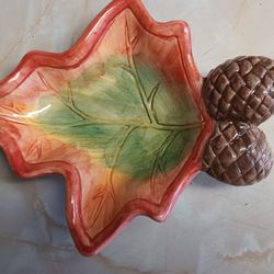 Hand-Painted Autumn Leaf Dish w/ Acorns