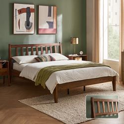 mopio Ted Bed Frame with Headboard, Mid Century Modern Acacia Solid Wood Platform Bed Frame, Wooden Slats, No Box Spring, Double Metal Bar Support (So