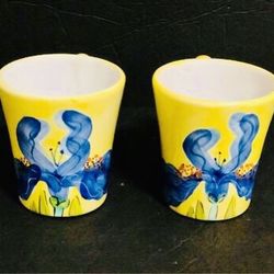 Two Vintage Yellow Terracotta Coffee Mugs with Hand Painted Purple Blue Iris