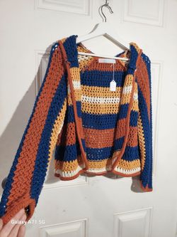 Free People Beach Baracoa Fauxchet Hand Crocheted Hooded Cardigan Earthy Autumn Stripes size large