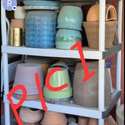 PIC  # 1 BEST DEAL  QUALITY MADE ASSORTED SHAPES  , SIZES , AND VARIETY  OF COLORS  CERAMIC POTS  AND TERRA COTTA POTS ☆☆ $600.00☆☆ FOR THE WHOLE RACK