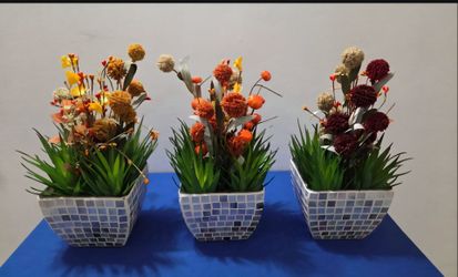 Mosaic Glass Planters filled with Faux Autumn Flowers & Succulents in Epoxy ($20 EACH) @ Lasting Creations