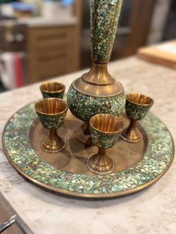 Vintage mosaic decanter, tray and 6 glasses