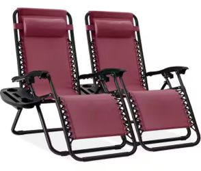 Burgundy Metal Zero Gravity Reclining Lawn Chair with Cup Holders (2-Pack)