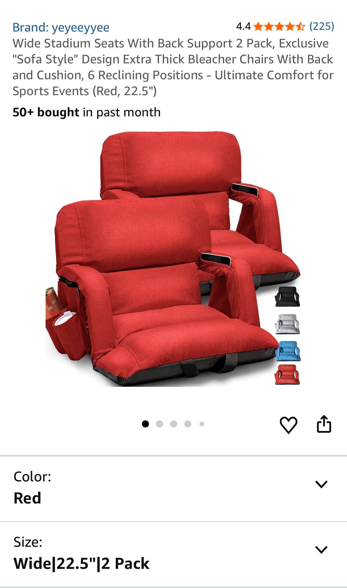 Wide Stadium Seats With Back Support 2 Pack, Exclusive "Sofa Style" Design Extra Thick Bleacher Chairs With Back and Cushion, 6 Reclining Positions - 