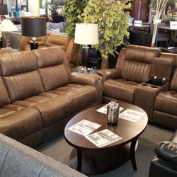 Brand New Brown Breatheable Leather Manual Reclining Sofa + Loveseat With Cup Holders