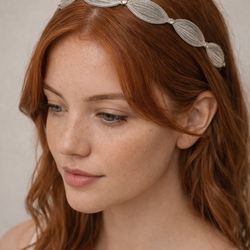 Silver Leaf Headband Mesh Elegant Bridal Minimalist Hair Accessory