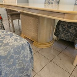 Cream Solid Wood Dining Room Table w/pedestal, 2 Leaves & 6 Chairs