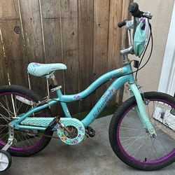 Kids Schwinn Bike Teal and Purple with Flowers with training wheels and pouch